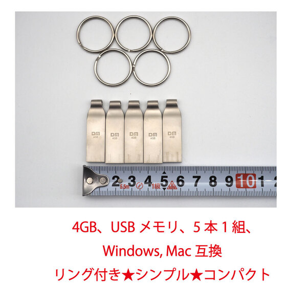 ★Windows★MAC★互換★FAT32フォーマット済み★USBメモリ★4GB★5本セット★シンプル★コンパクト★リング付き★メモ代わりちょうど★018