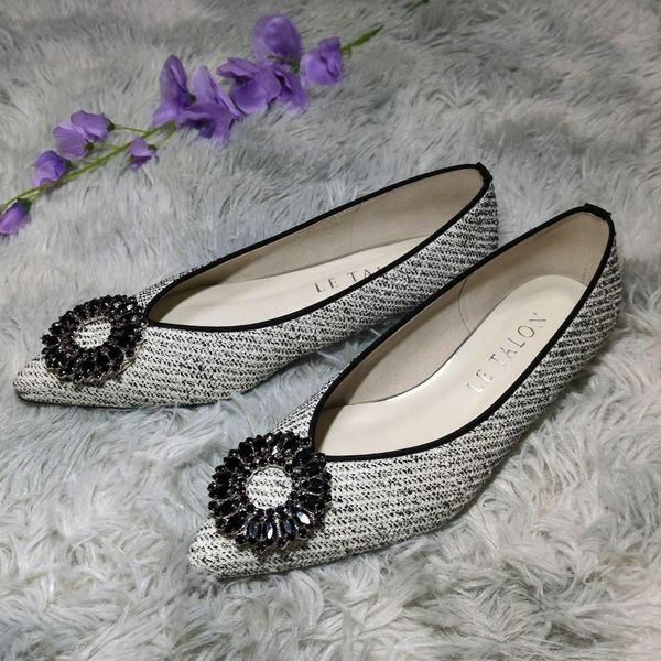 美品【LE TALON】フラットパンプス☆22.5cm☆ビジュー☆ツイード☆ルタロン☆フォーマル☆カジュアル☆レディース靴☆卒業式☆入学式