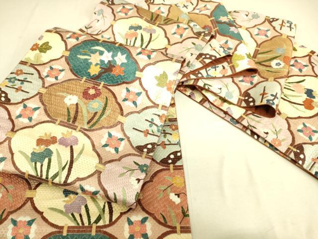 平和屋着物●極上 絽刺し 区限刺繍 全通柄袋帯 吉祥花文 金糸 正絹 逸品 DAAN1197az