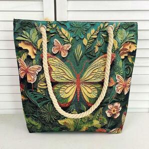 44㎝ 特大トートバッグ 両面同じ柄 贅沢金糸 光を受けきらきら輝き グリーン蝶々