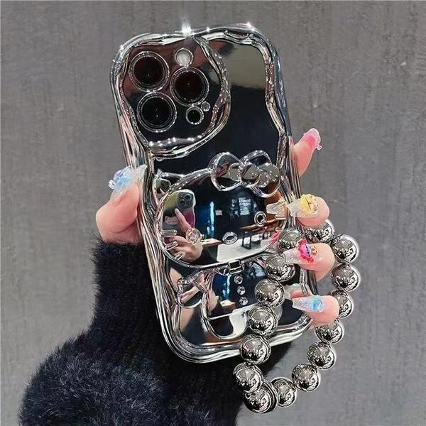 iPhone15 スタンド機能 化粧鏡付 ストラップ付 人気ねこ シルバー