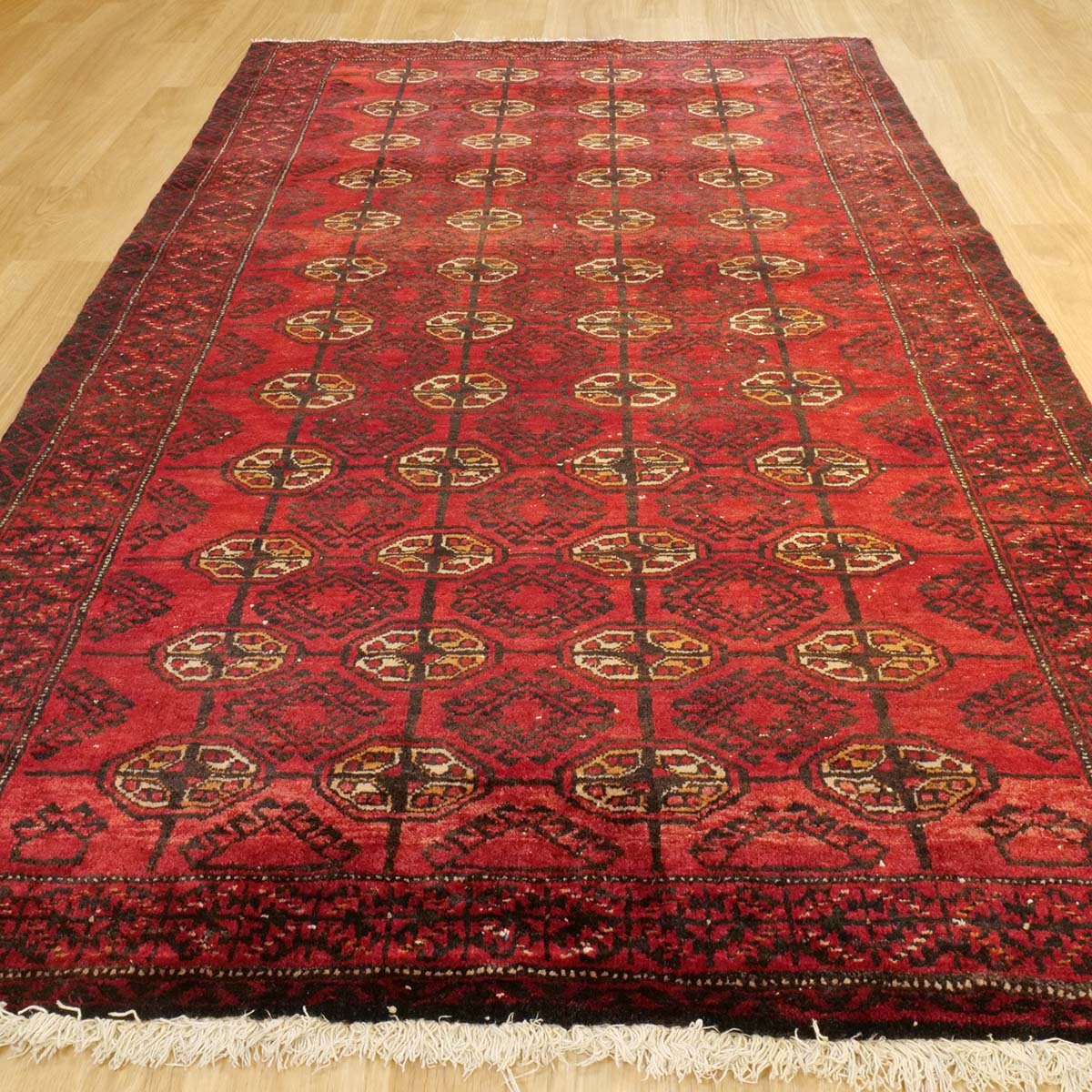 トルクメン産 セミアンティーク絨毯 1970年代 1800×1020mm 伝統的なギュル文様と部族の象徴 ウール 手織り 一点物
