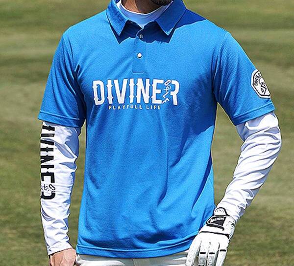 ★送料無料・未使用★ ディバイナーゴルフ DIVINER GOLF オリジナルフロントロゴ スカルストレッチポロシャツ ブルー Lサイズ 定約8,000円