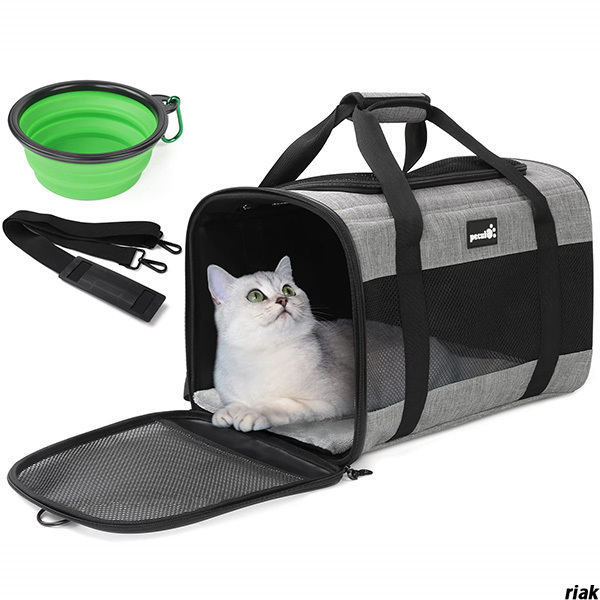 【ダブルファスナーでロック可能、ペットの飛び出しを防止】ペットキャリー 猫 小型犬 ウサギ 旅行 ドライブ 通院 防災時 食器付き