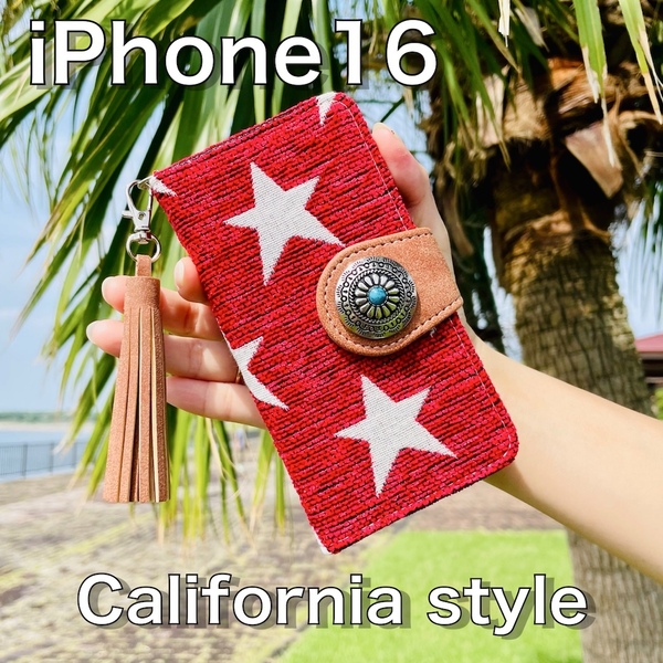 iPhone 16 レザーケース☆西海岸スタイル 星柄&コンチョ☆アイフォン手帳型カバー