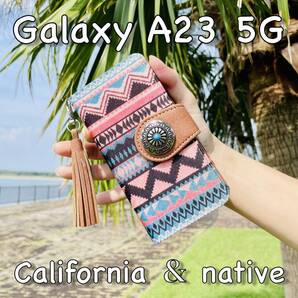 Galaxy A23 5G レザーケース☆ネイティブ&コンチョ☆ギャラクシー手帳型カバー☆