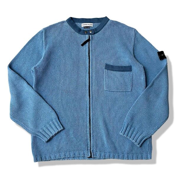 【2001SS】STONE ISLAND(ストーンアイランド) クルーネック ジップアップコットンニット L ポールハーヴェイ期 00s ビンテージカーディガン