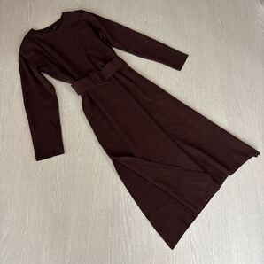 リエンダ フリーサイズ ダークブラウン 長袖 ニットロングワンピース ベルト付き rienda 長袖ワンピース スリット こげ茶 クルーネック 冬