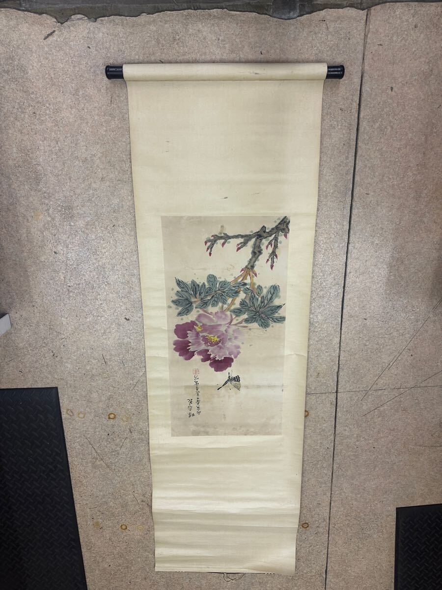 掛け軸 バラ 花 在銘あり 呉青霞 中国 印あり 文物 模写
