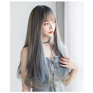 ロング ウィッグ ブルー インナーカラー 仮想 コスプレ フルウィッグ 超自然 エクステ かつら wig ロリータ 小顔 原宿系 耐熱ウィッグ