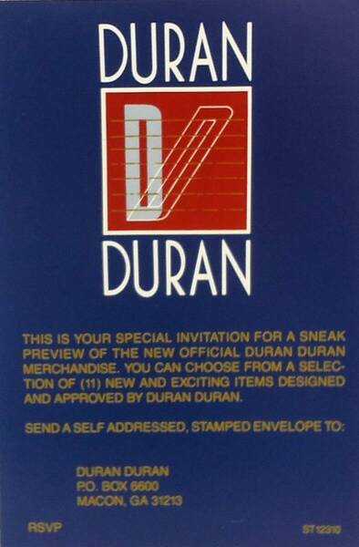 匿名・送料無料!DURAN DURAN/デュラン・デュラン ファンクラブ 招待チラシ DURAN DURAN fan club invitation card (DURAN DURAN Club)