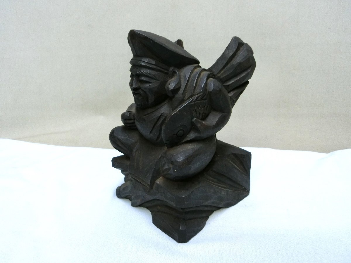縁起物!【木彫り 恵比寿様 黒々と時代色 顔立ち良好 骨董古美術】◆ 佛 仏 古玩 美術鑑賞 インテリア飾り皿※経済上向 骨董品薄