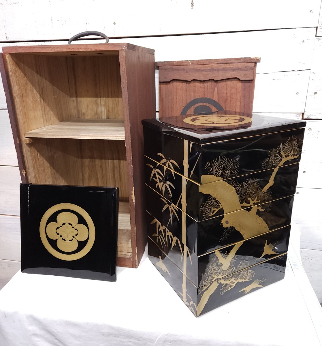 時代□重箱 蒔絵 [つくし] 黒漆 五段重箱 内箱付 □ 天然木
