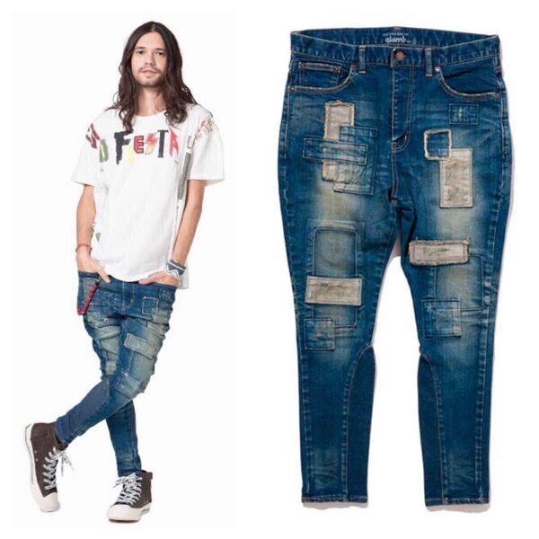 美品/Mサイズ/定価38,500円/グラム glamb/アンプラグドリブデニム/グランジ系 ダメージパッチワークジーンズ/ライダース/②
