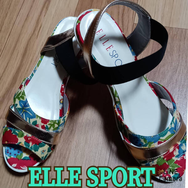 美品 靴 ◆ ELLE SPORT ◆ サンダル 24cm 花柄 ゴールド ◆ エル スポーツ ◆ レディース シューズ