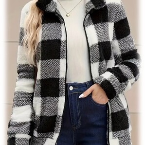 レディース ムートンジャケット 長袖 チェック柄 ジッパージャケット L