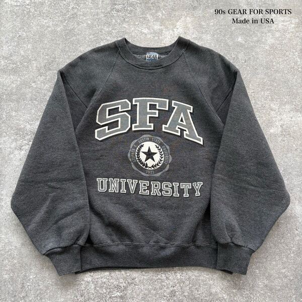 【GEAR FOR SPORTS】90s スウェットトレーナー 90年代 アメリカ製 USA製 SFA大学 ヴィンテージ 3段プリント チャコールグレイ (Mサイズ)