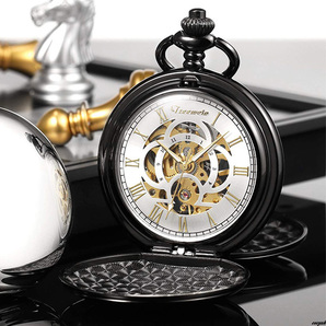 【スケルトンダイヤルが内部の動きを視覚的に楽しめる仕様】懐中時計 機械式 ローマ数字 蓋付きデザイン プレゼント おしゃれ
