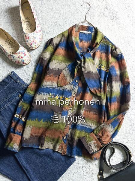 【mina perhonen】ミナペルホネン 大人かわいいきれい色 ゆったりオーバーサイズ 上膣ウール100% タイカラーブラウス リボンシャツ 1