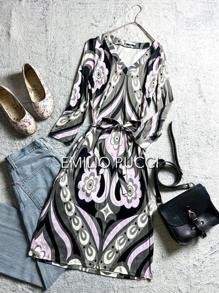 【EMILIO PUCCI】エミリオプッチ 大人かわいいきれい色 ゆったりとろみ感 プッチ柄 花柄 ベルテッドワンピース ロングワンピース