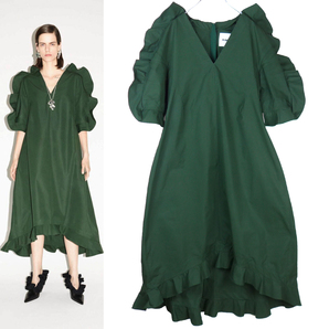 JIL SANDER ジルサンダー 22SS コットン タイプライター ラッフル ドレス32 グリーン フリル ワンピース ショートスリーブ イタリア製