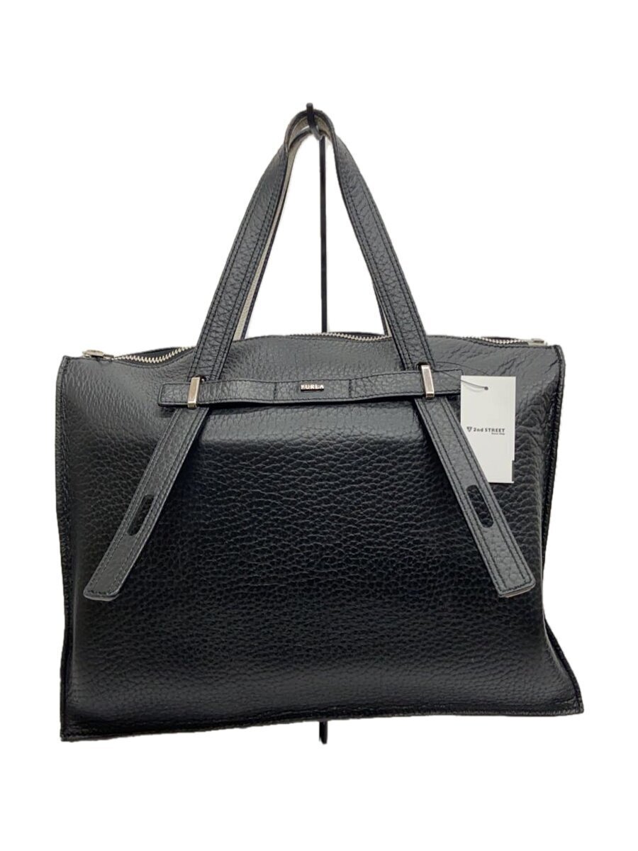 FURLA◆MAN GIOVE/プレートロゴ/オールレザートートバッグ/レザー/ブラック/無地