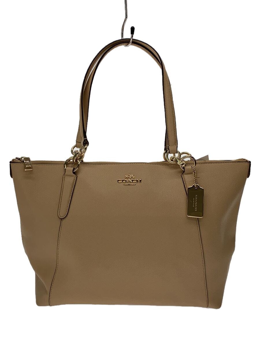 COACH◆トートバッグ_ベージュ/レザー/ベージュ/ロゴプレート/