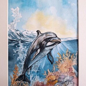 水彩画 可愛いイルカの遊泳