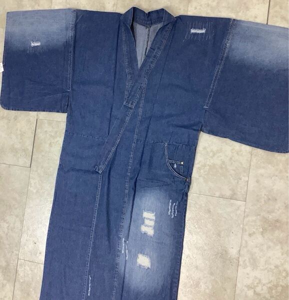 古布前掛け専門屋◆未使用◆タグ付き◆デニム◆クラッシュデニム◆着物◆Lサイズ◆丈145cm◆刺子裂織襤褸野良着BORO藍無地藍染木綿