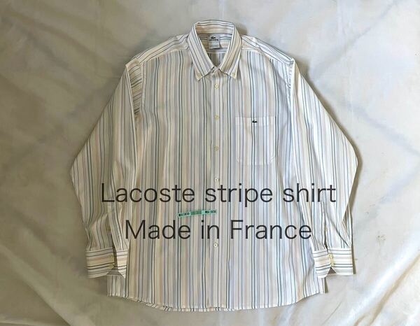仏製90sラコステLacosteフレラコ 長袖 シャツ ストライプ 白XLメンズ44Homme garconsギャルソンCharvetシャルべ Lフランス製 ボタンダウン