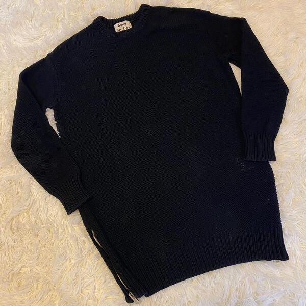 【美品】 アクネストゥディオス アクネ アローズ ニット Uネック ネイビー Acne Studio セーター 長袖 ユニセックス サイドジッパー 紺色