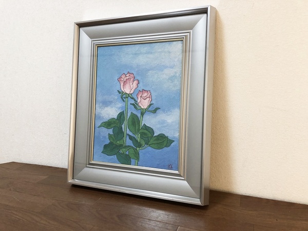 薔薇真作 作者不明 壁アート ばら油彩画リビングルーム装飾 シルバー額付き静物画バラ