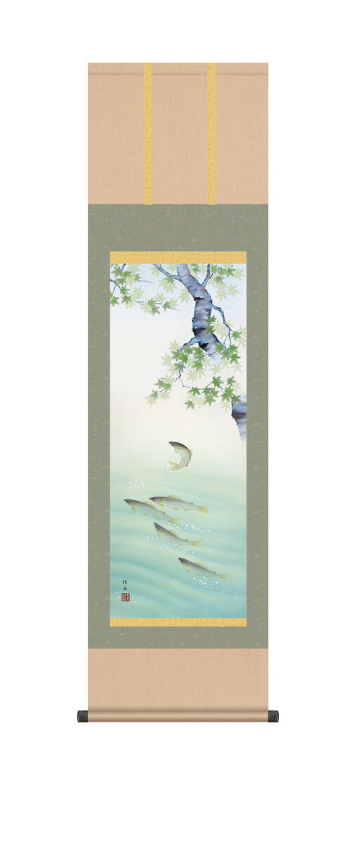 掛軸 青晁 鮎 木箱 風景 水 川 魚 緑 葉 掛軸 青晁 鮎 木箱 風景 水 川 魚 緑 葉 掛軸 青晁 鮎 木箱 風景