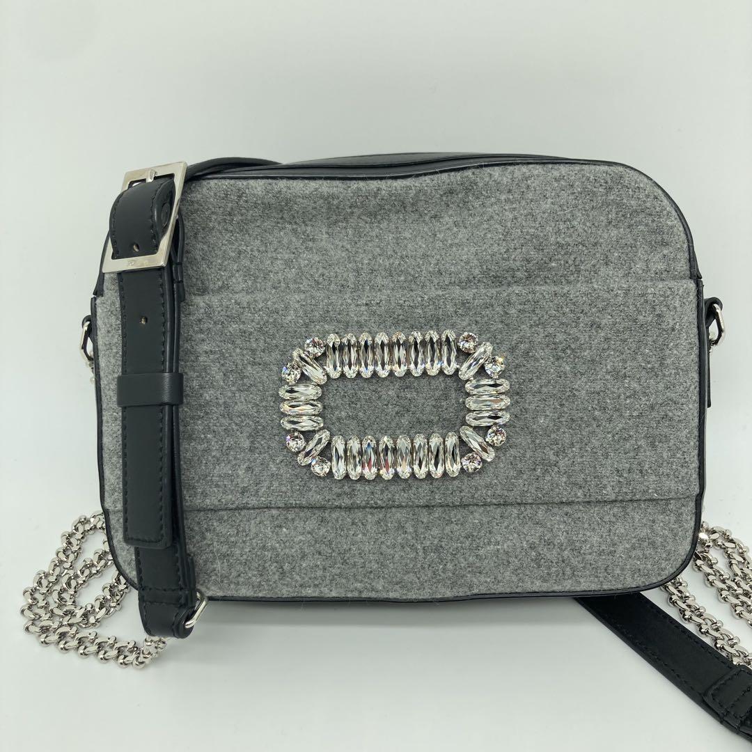 【極美品】 ROGER VIVIER ロジェヴィヴィエ ショルダーバッグ ポシェット レザー ラインストーン フェルト チェーン グレー