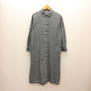 【は051】無印良品 リネンワンピース Mサイズ グレー 長袖 ロング丈 前開き 薄地 襟付き 麻100% ブランド古着 良品計画 送料無料