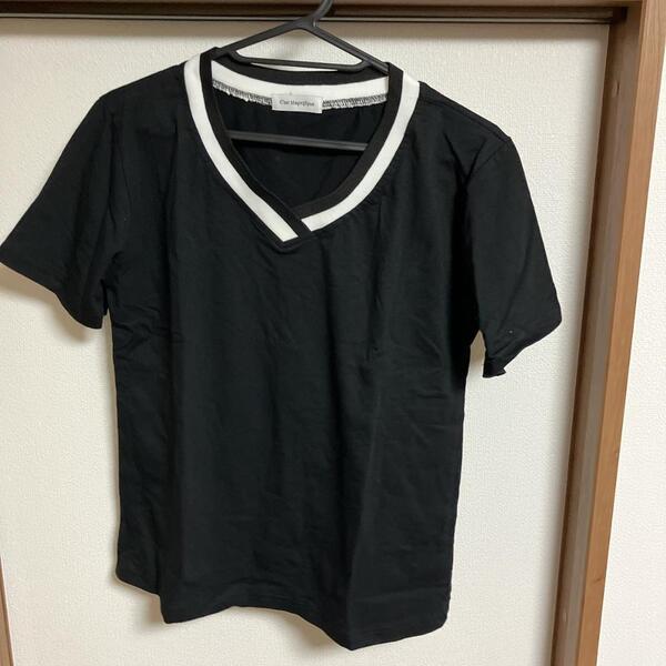 【レディース XL】ブラック Vネック 半袖Tシャツ バイカラー シンプル 黒 大きいサイズ おしゃれ N11-10