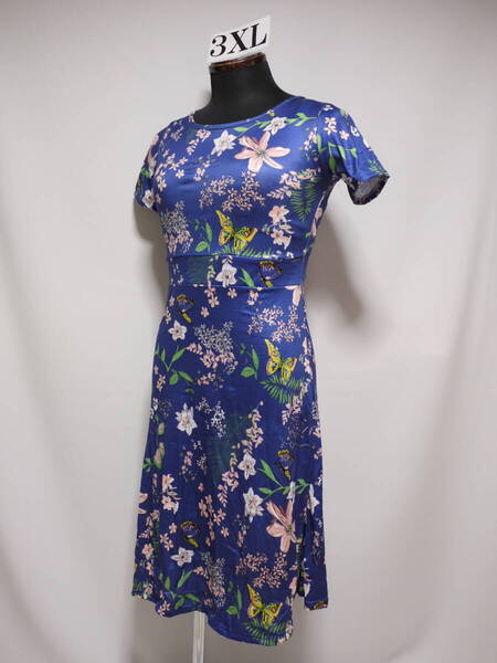 ★サイズ3XL(バスト108cm対応)★花柄夏用半袖ストレッチワンピース j001-b-3xl