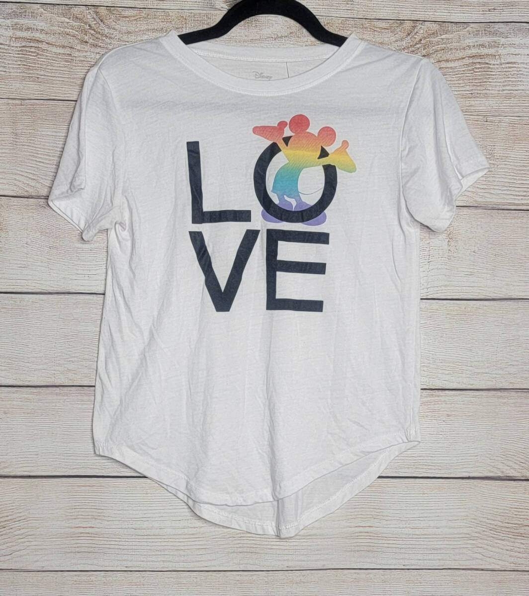 Disney Mickey Mouse "LOVE" Rainbow Mickey Shirt Junior-S 海外 即決
