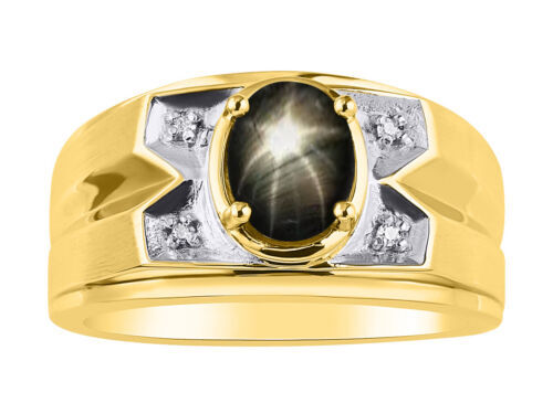 Black Star Sapphire & Diamond Ring Sterling Silver or Yellow Gold Plated Silver 海外 即決