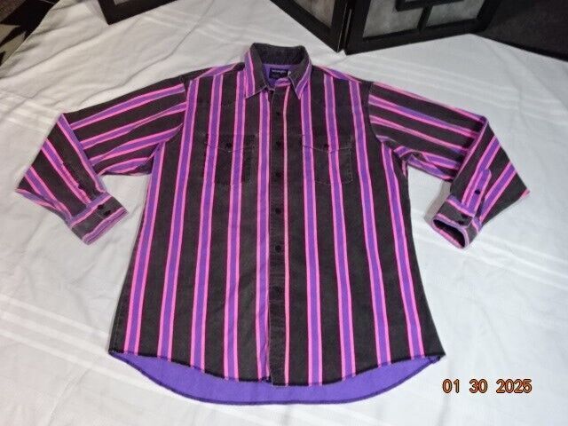 Vtg Wrangler Brushpopper XL Striped Western Rodeo Cowboy Blk Purple Pink 17.5 36 海外 即決