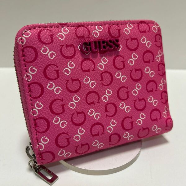 ☆未使用-傷み有☆ ◆GUESS ゲス ラウンドジップ 折り財布◆ PVC レザー 小銭入れ有 ピンク モノグラム 【送料無料】0204