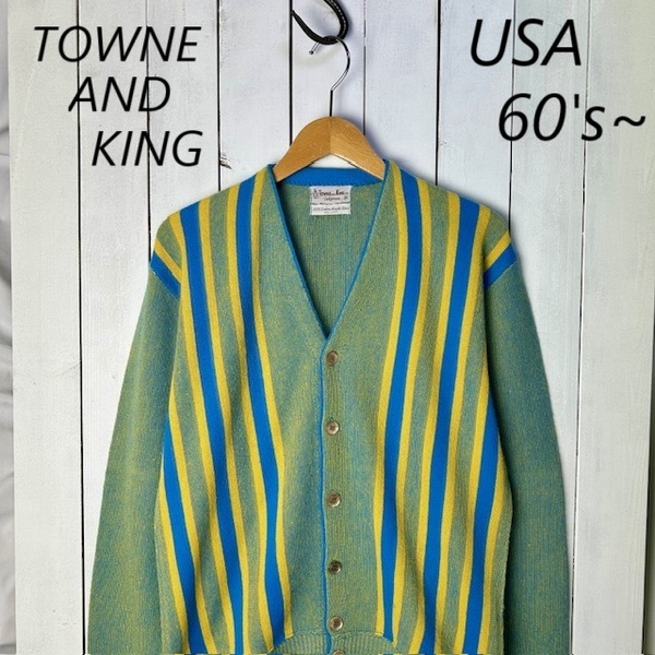 USA古着 60s~ TOWNE AND KING アクリルニットカーディガン M~L 青黄緑系 オールド ヴィンテージ アメリカ古着 やや薄手 春秋冬 ●294