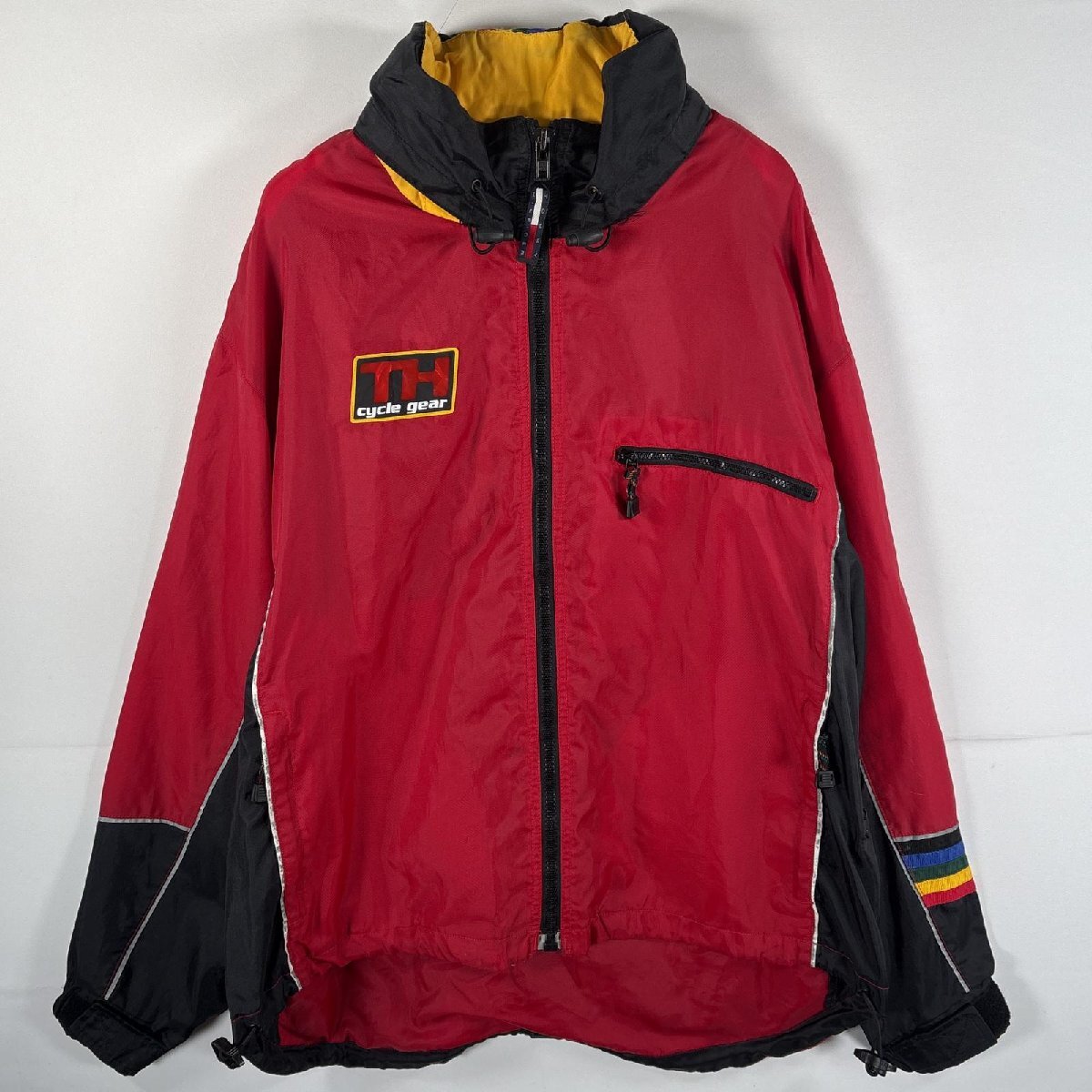 古着 90\'s/90年代 トミーヒルフィガー TOMMY HILFIGER ナイロンジャケット 収納フード付き サイクルギア ワンポイントロゴ L レッド