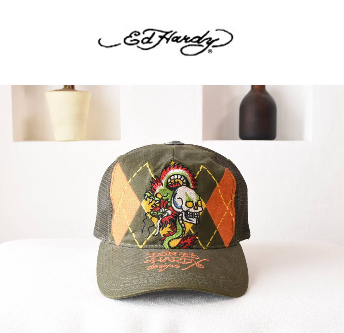 Ed Hardy（エドハーディー）スカル＆ドラゴン・アーガイル柄メッシュキャップ
