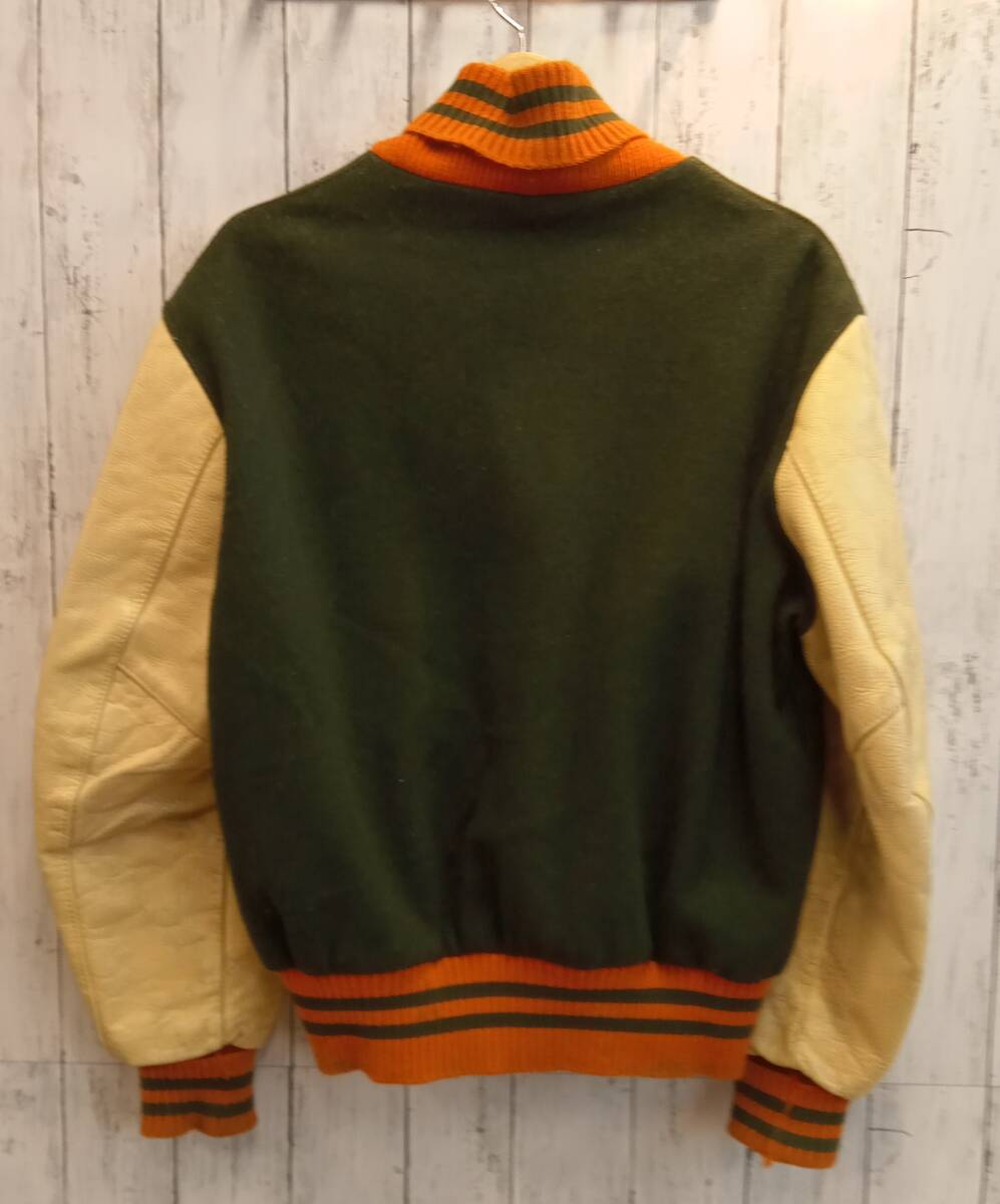 70s DeLong 両袖革 スタジャン 70s DeLONGデロング PRINCETON パッチ付き メルトン ウール 袖革