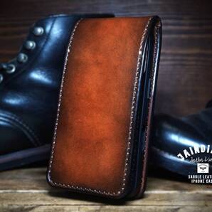 iPhone13/14/15/16ケース 手縫い サドルレザー ビンテージ染めブラウン (mini,pro,proMax,Plus仕様での製作も可)