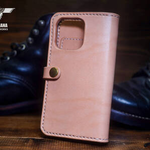 iPhone13/14/15/16ケース 手縫い サドルレザー ナチュラル (mini,pro,proMax,Plus仕様での製作も可)