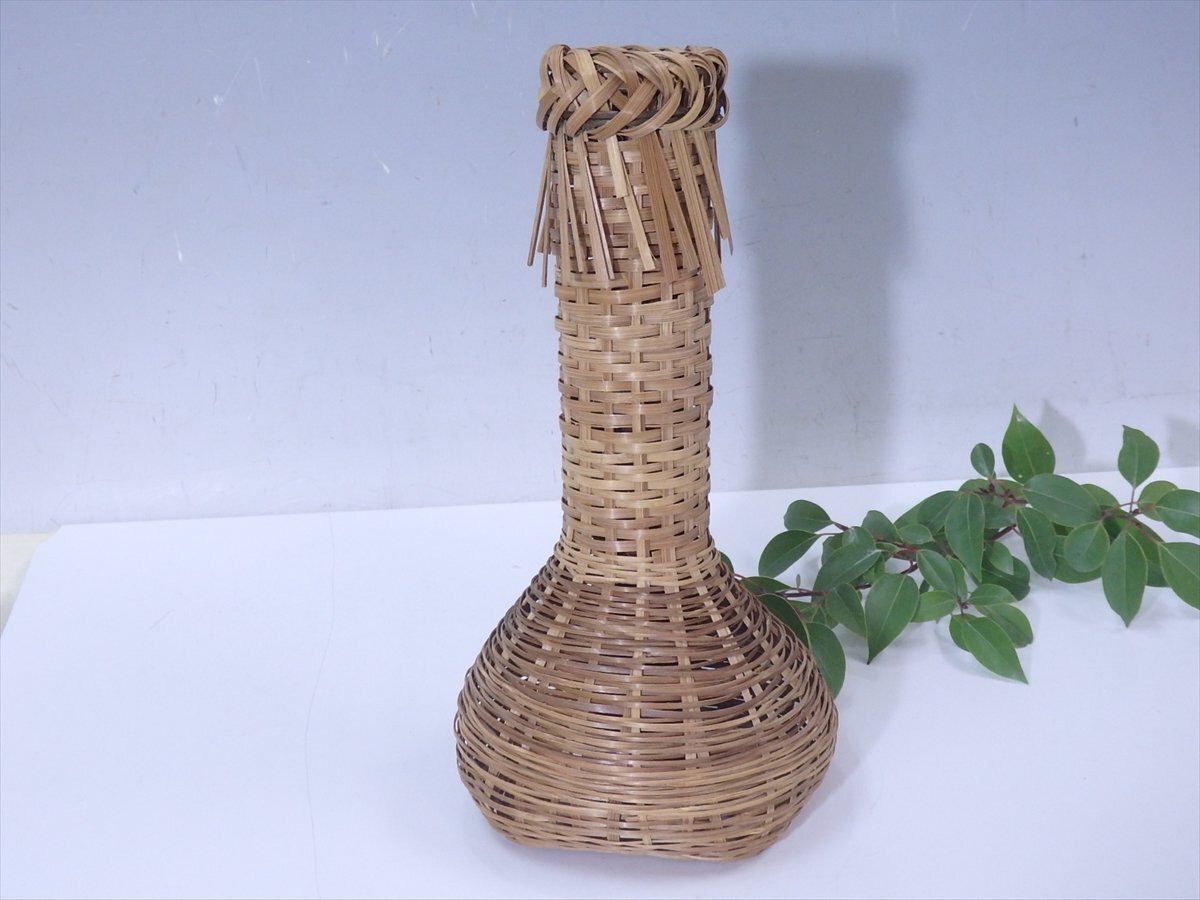 ★竹花入【鶴首籠 紙箱入り】白竹入子 約15×14.5cm 高さ30.3cm 茶道具 花器 茶器