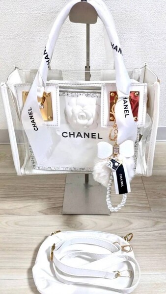 CHANEL銀座限定ショッパー、カメリア、新品クリアバッグ/リボンチャーム&ポーチ付き トートバッグ