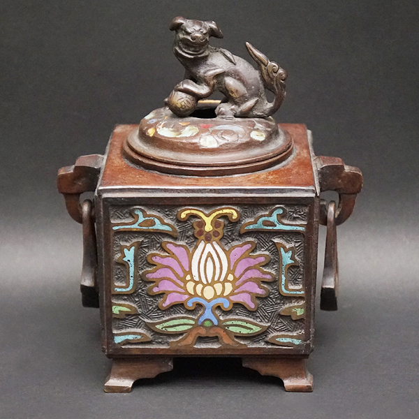 明治期 銅製 金工細工『遊龍唐草七宝繋文』香炉 獣双耳遊環